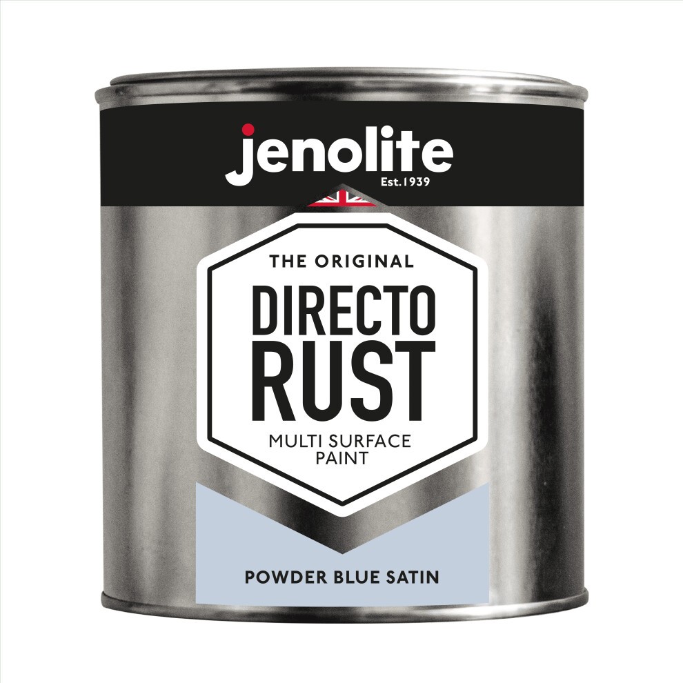 Metal tin of Jenolite Direct Rust multi-surface paint in Powder Blue Satin, featuring a black and white label with bold text and a hexagonal design.