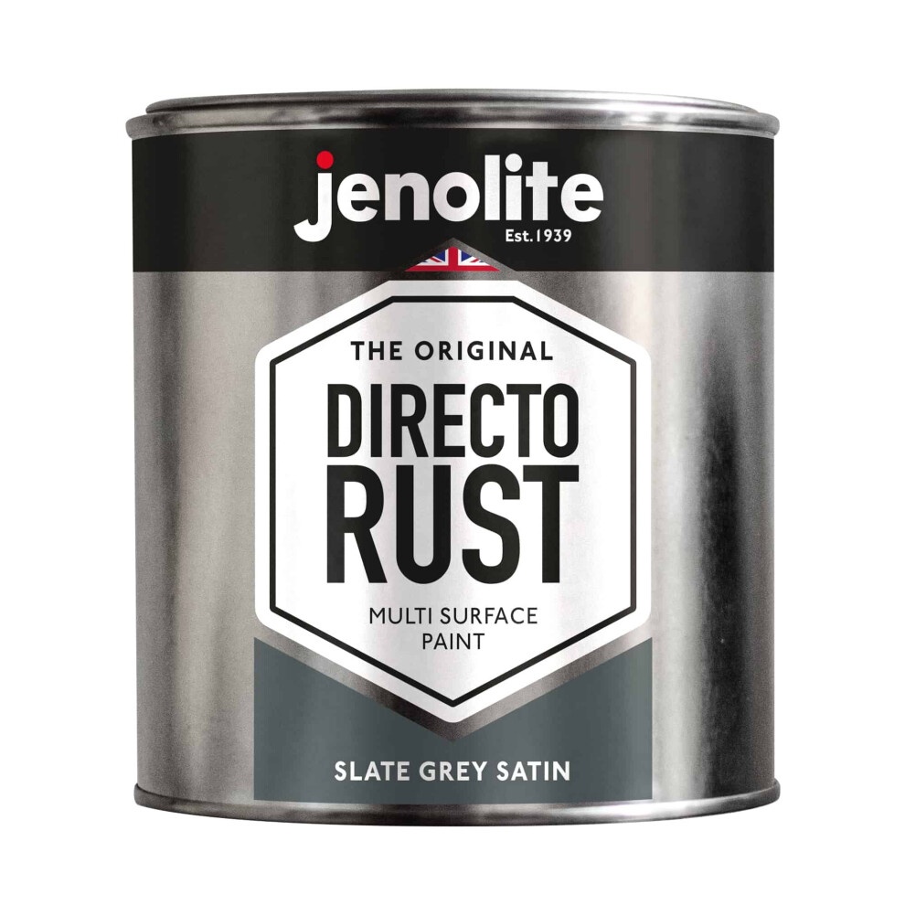 Slate grey, satin-finish 1-litre tin of JENOLITE Directrust multi-surface paint, suitable for wood, metal, plastic, ceramic, and rusted surfaces, featuring a hexagonal label design.
