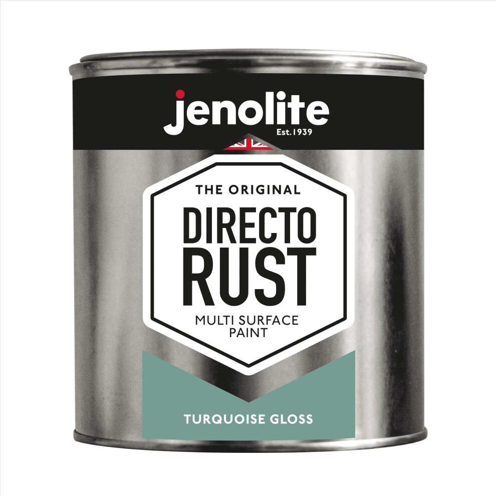 Turquoise gloss paint in a 1-litre metal tin, featuring a black and white label with bold text stating "Direct Rust" and "Multi Surface Paint" by Jenolite.
