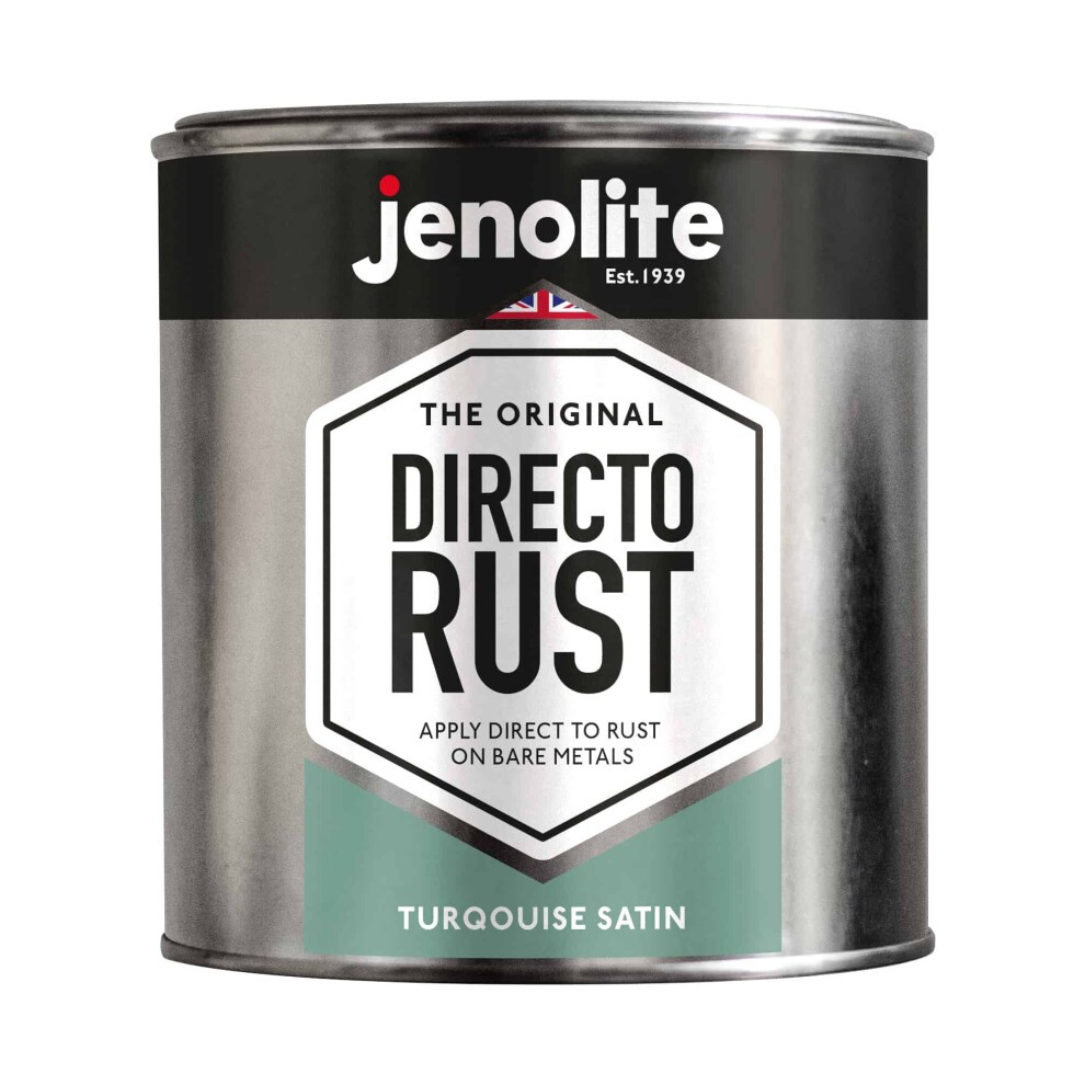 Turquoise satin multi-surface paint in a 1-litre metal can, labeled "JENOLITE Directorust," suitable for wood, metal, plastic, ceramic, and rusted surfaces.