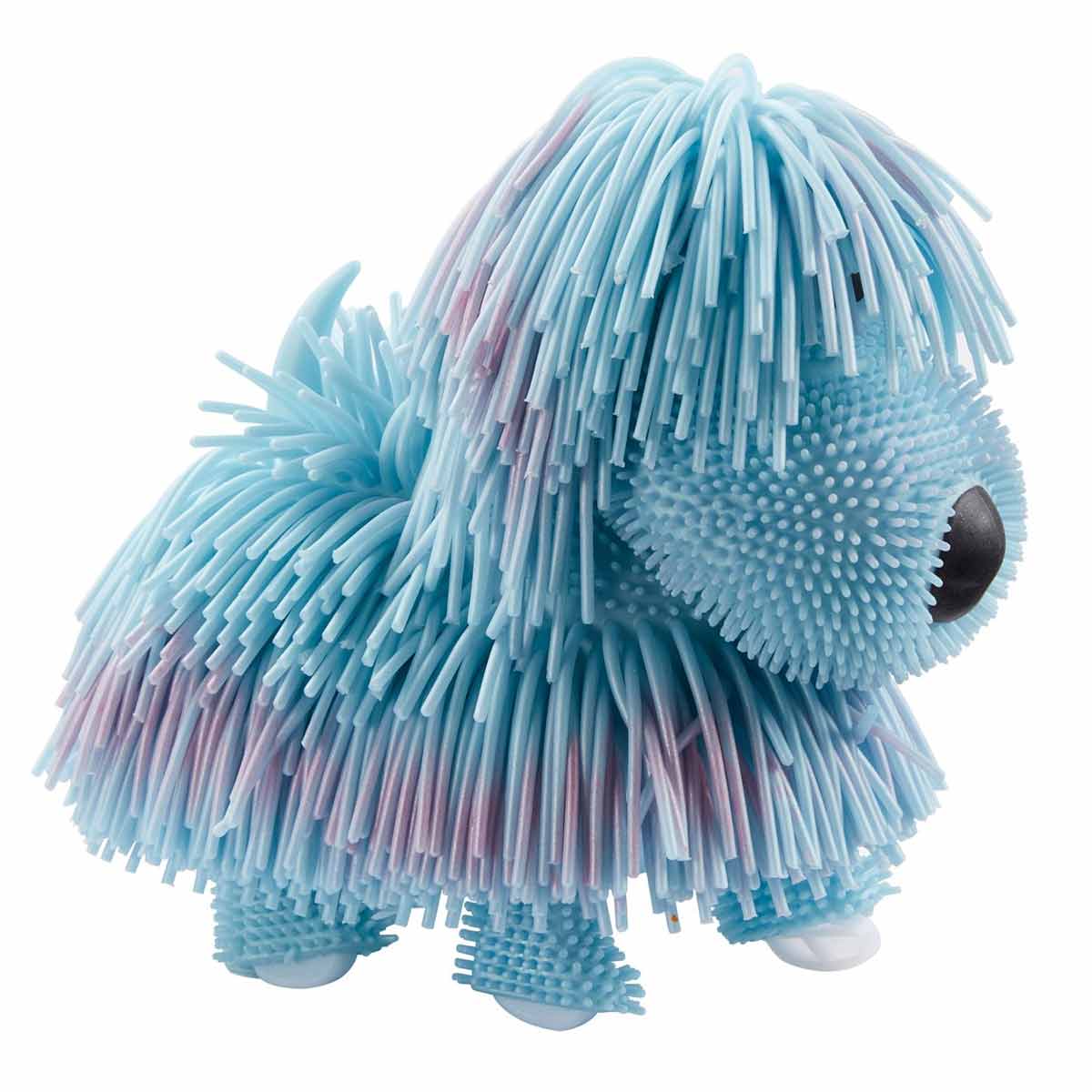 Fluffy blue pup toy with long, soft, rubbery strands resembling fur, featuring a round black nose and white feet, designed for tactile play and squishy fun.