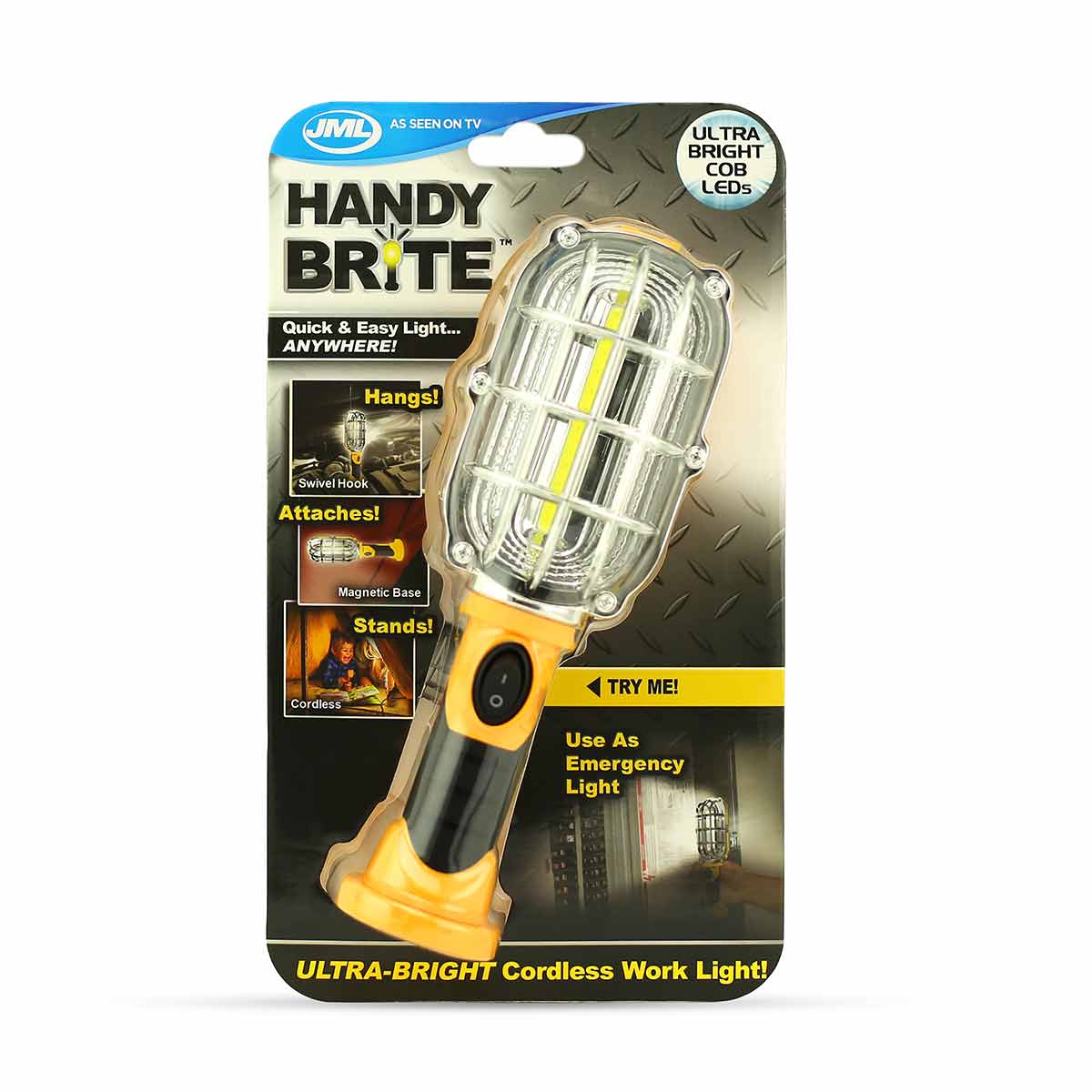 Yellow portable light with a clear protective cage, featuring a switch, magnetic base, and the ability to hang or stand, labeled "Handy Brite" by JML.