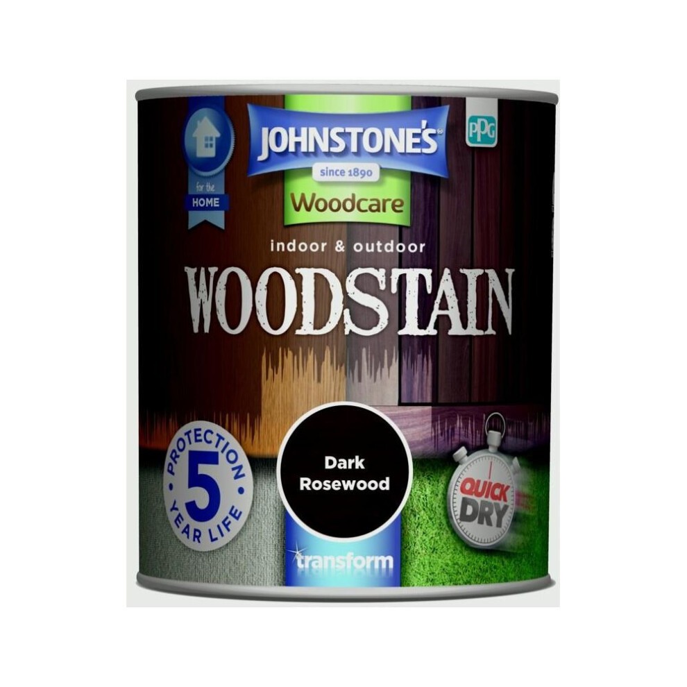 750ml tin of Johnstone's Indoor & Outdoor Woodstain in Dark Rosewood, featuring a glossy finish, protective label, and quick-dry symbol, set against a wooden background.