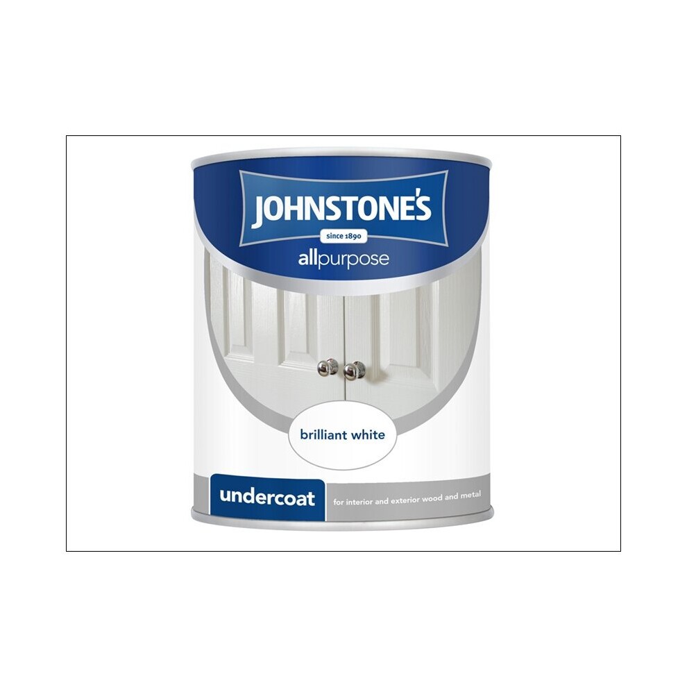 Johnstone's All Purpose Undercoat in brilliant white, 750ml tin, featuring a blue label with white text and an image of painted doors on the front.
