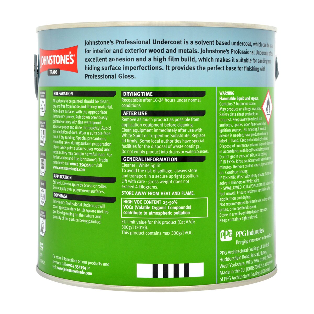 Johnstone's Trade Professional Undercoat in Dark Grey, 2.5L can, featuring a green label with detailed instructions, safety warnings, and application guidelines.