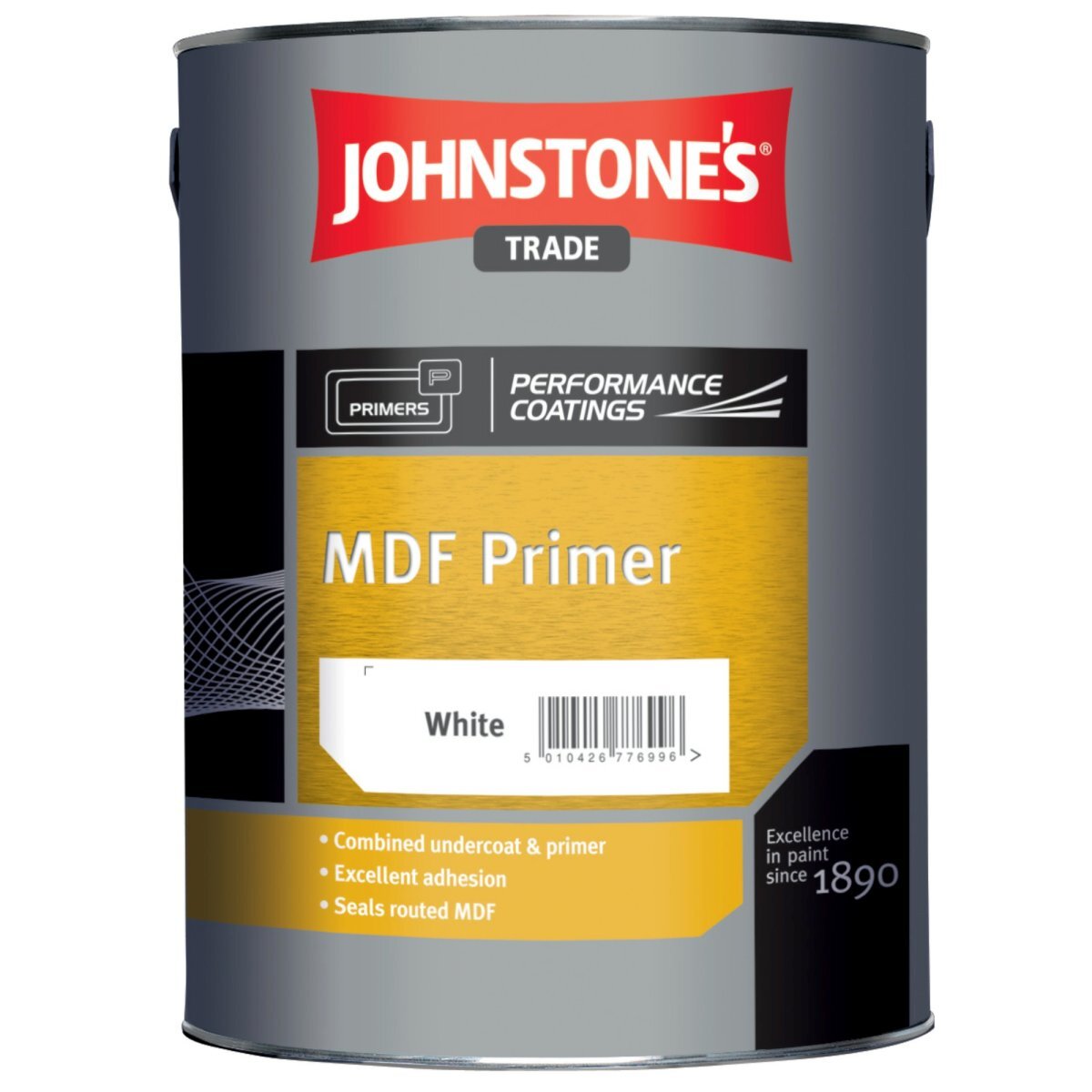 White MDF Primer in a 1L metal canister, featuring a sleek design with black and gold accents, labeled "Johnstone's Trade" and highlighting excellent adhesion for MDF surfaces.