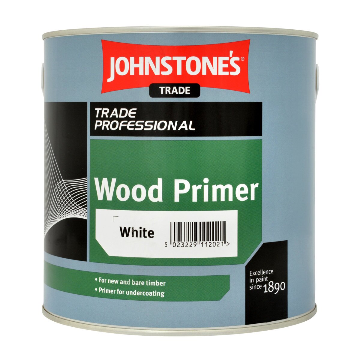 White wood primer in a 2.5L metal can with a light blue label, featuring "Johnstone's Trade" logo, barcode, and text highlighting its use for new and bare timber.