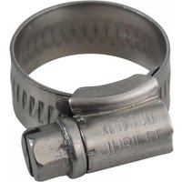 Stainless steel Jubilee hose clip, adjustable 13-20mm, with slotted screw and embossed branding.