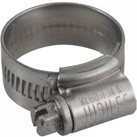 Stainless steel Jubilee hose clip, 18-25mm, with slotted screw and embossed branding on the clamp housing.