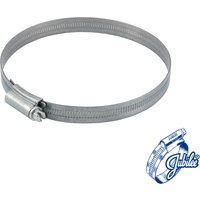 Mild steel Jubilee clip, 90-120mm, silver finish, adjustable screw mechanism, branded logo in blue.