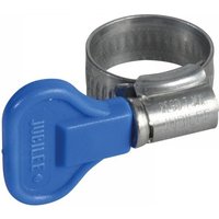 Silver Jubilee hose clip with blue plastic wingspade handle, adjustable 13-20mm size.