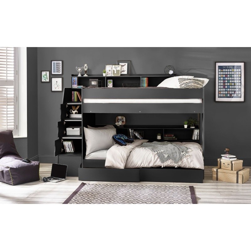 Julian Bowen Camelot Bunk Bed in anthracite and white, featuring a staircase, integrated shelving, and a cozy lower sleeping area with bedding and decorative items.