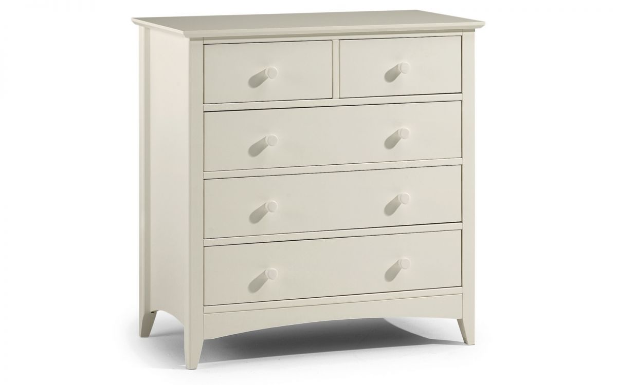 Light cream-colored wooden chest of drawers featuring two small and three large drawers, each with round knobs and a smooth top surface.