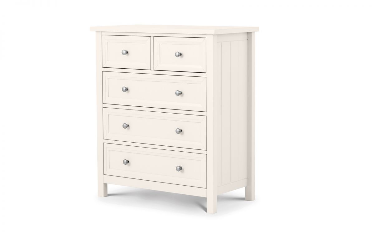 Maine 32 Drawer Chest in Surf White featuring five spacious drawers with silver knobs and a clean, modern design, made from durable materials with a smooth finish.