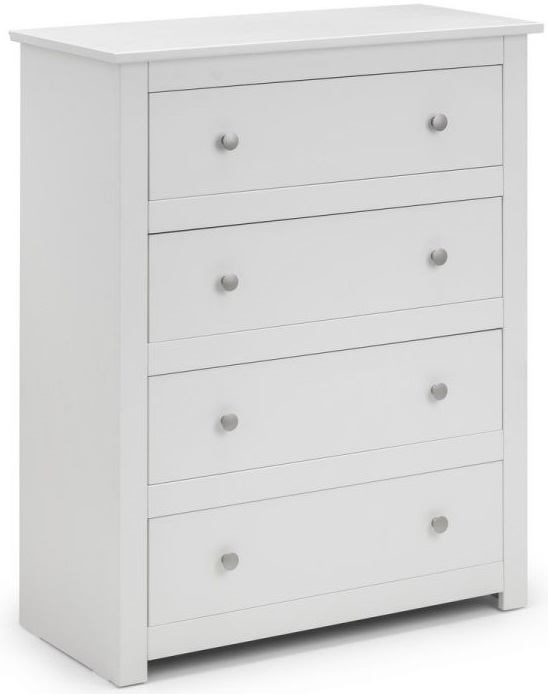Stylish 4-drawer chest in surf white finish, featuring a sleek design with rounded edges and silver knob handles for easy access to storage.