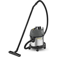 Kärcher 20L wet and dry vacuum cleaner with silver canister, black hose, and wheeled base.