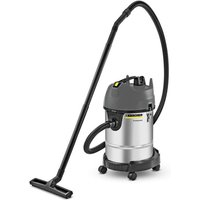 Kärcher 30L wet and dry vacuum cleaner with silver drum, black hose, and wheels, featuring a top handle and power switch.