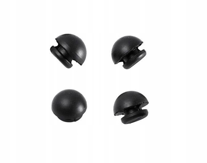 Four black rubber stoppers with a rounded top and a groove around the base, designed for various applications, displayed on a white background.