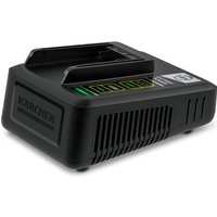 Black Karcher 18V battery fast charger with LED indicators and vented sides for cooling.