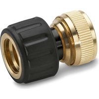 Karcher brass garden hose connector with black grip and aqua stop feature, ribbed design for easy handling.