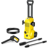 Yellow Karcher K 2 pressure washer with black handle, hose, spray gun, and two lances.