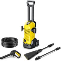 Yellow Karcher K 3 Eco!Booster pressure washer with black hose, spray gun, and two nozzles.