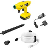 Yellow Karcher cordless handheld pressure washer with black nozzle, white hose, and charger.