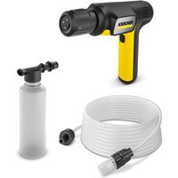 Karcher OC handheld cleaner, black and yellow, with hose and spray bottle attachment.