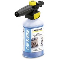 Karcher foam nozzle with blue Ultra Foam Cleaner bottle, black and yellow nozzle attachment.