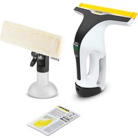 Black and white Karcher WV 6 PLUS Window Vac with yellow blade, detachable cleaning pad, and instruction manual.