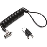 Black coiled Kensington laptop lock with silver keyed lock head and two keys on a ring.