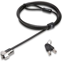 Black Kensington laptop lock with cable, silver lock head, and two black keys.