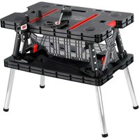 Black and red Keter folding work table with aluminum legs and integrated quick clamps.