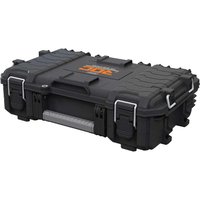Black Keter Roc Pro Gear 2.0 Power Tool Case with rugged design, metal latches, and orange logo on the lid.