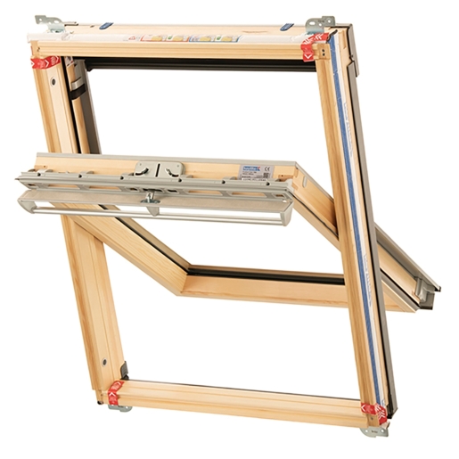 Keylite Hi-therm Centre Pivot Window in pine finish, measuring 780mm x 1180mm, featuring a pivot mechanism and a sleek, natural wood appearance.