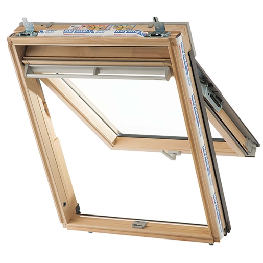 Keylite Hi-therm Fire Escape Roof Window features a pine finish, measuring 660mm x 1180mm, with a clear glass pane and a hinged design for easy opening.