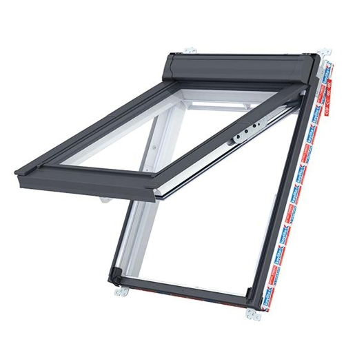 Keylite Hi-therm Fire Escape Roof Window in PVC finish, measuring 780mm x 1180mm, features a sleek black frame and a clear glass pane, designed for safety and ventilation.
