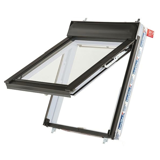 Top hung roof window with a white finish, measuring 550mm x 980mm, featuring a clear glass panel and a black frame, designed for easy ventilation and natural light.