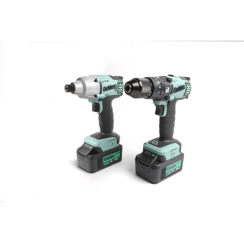 Kielder's twin pack includes a teal and black combi drill and impact driver, both featuring ergonomic grips and two 5.0Ah Li-Ion batteries for enhanced performance.