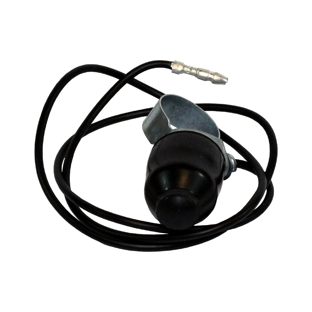 Black plastic kill switch with a round button, attached to a black wire, featuring a metal mounting bracket for secure installation.
