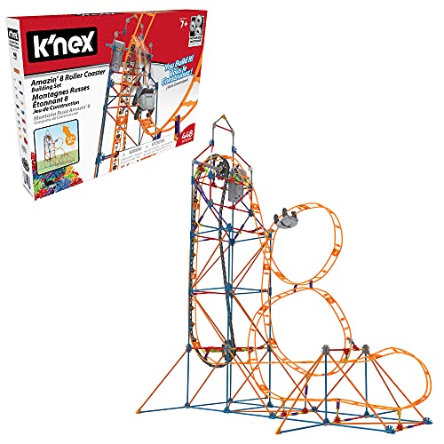 Colorful K'Nex roller coaster construction set featuring orange and blue tracks, a motorized lift, and a loop, with a box displaying the set's name and age recommendation.