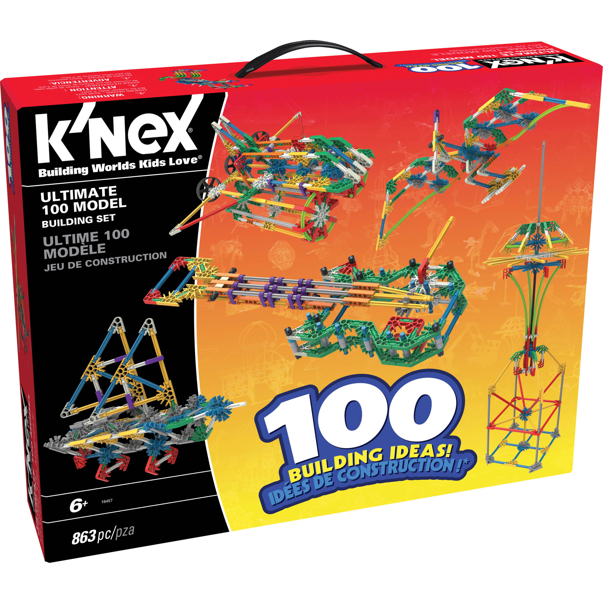 Bright red box featuring the K'Nex 100 Model Building Set, showcasing colorful plastic pieces and images of various models, emphasizing 863 pieces and educational engineering focus.
