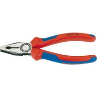 Red and blue-handled Knipex combination pliers with heavy-duty grip, 180mm, featuring a polished steel head.