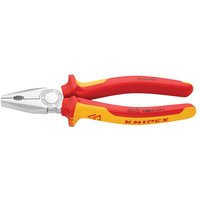Red and yellow Knipex 200mm VDE combination pliers with insulated handles and polished steel jaws.