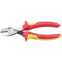 Red and yellow Knipex 160mm fully insulated high leverage diagonal side cutters with sharp steel blades.