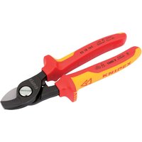 Red and yellow Knipex 165mm fully insulated cable shears with black cutting blades and ergonomic handles.