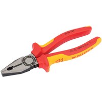 Red and yellow Knipex 180mm fully insulated combination pliers with a robust metal gripping jaw.