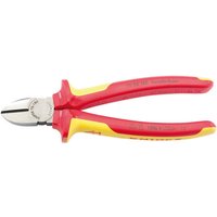Red and yellow Knipex 180mm fully insulated diagonal side cutters with silver cutting blades.