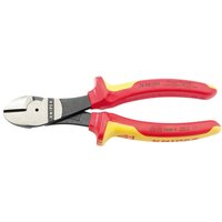 Red and yellow insulated diagonal side cutters with black high leverage jaws, 180mm length.