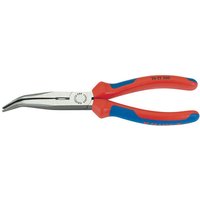 Knipex 200mm angled long nose pliers with red and blue heavy duty handles, silver metal jaws.